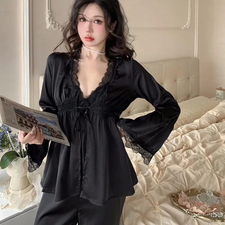 【露丝】同款带胸垫春季蕾丝睡衣三件套贡缎软丝纯欲风长袖家居服