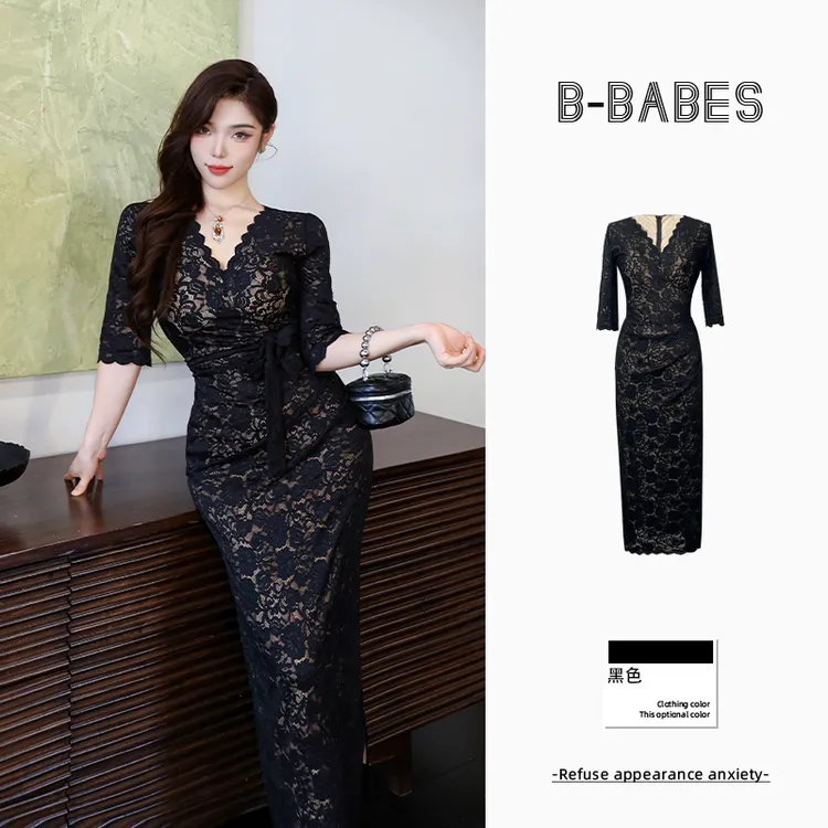 B-babes【槐南一梦】纯欲镂空蕾丝连衣裙轻熟风微胖收腰显瘦包臀裙