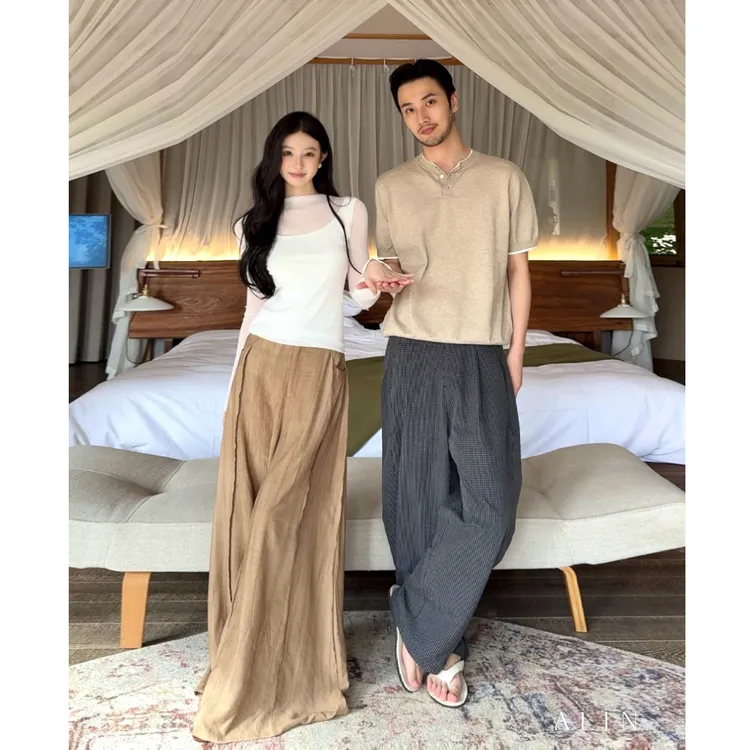 阿琳ALIN【雾岛】亚麻天丝老钱重工垂感拖地高腰阔腿裤女AL5GSK12