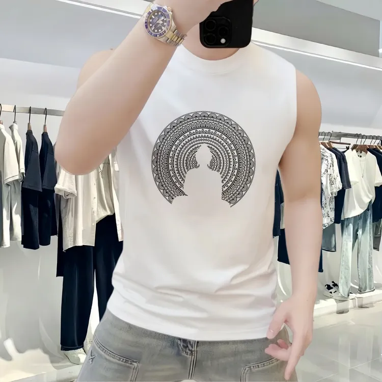 100%纯棉国潮男士坎肩背心夏季休闲高端百搭无袖坎肩圆形佛像t恤