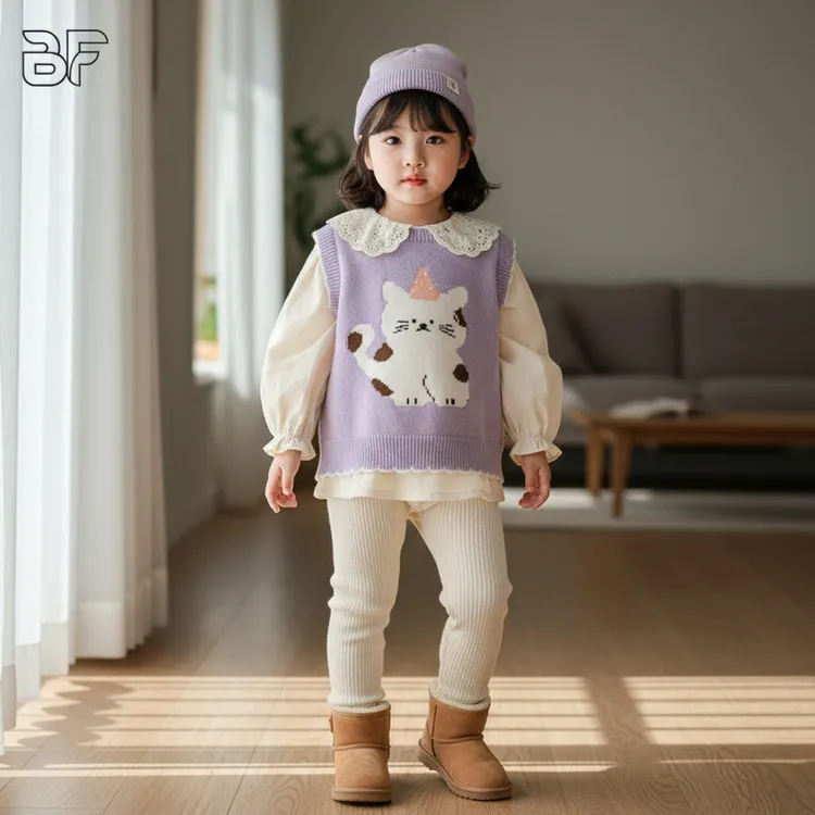 女童毛衣秋款背心马甲针织卡通韩版休闲风针织衫上衣提花冬季宝宝