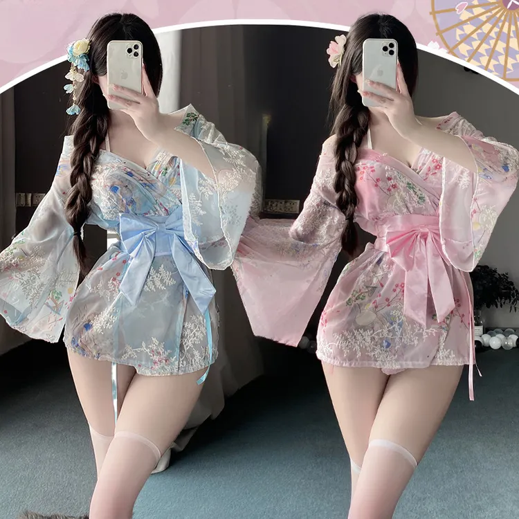 开襟性感睡衣大码日系和服家居服套装小胸内衣cosplay宽松制服