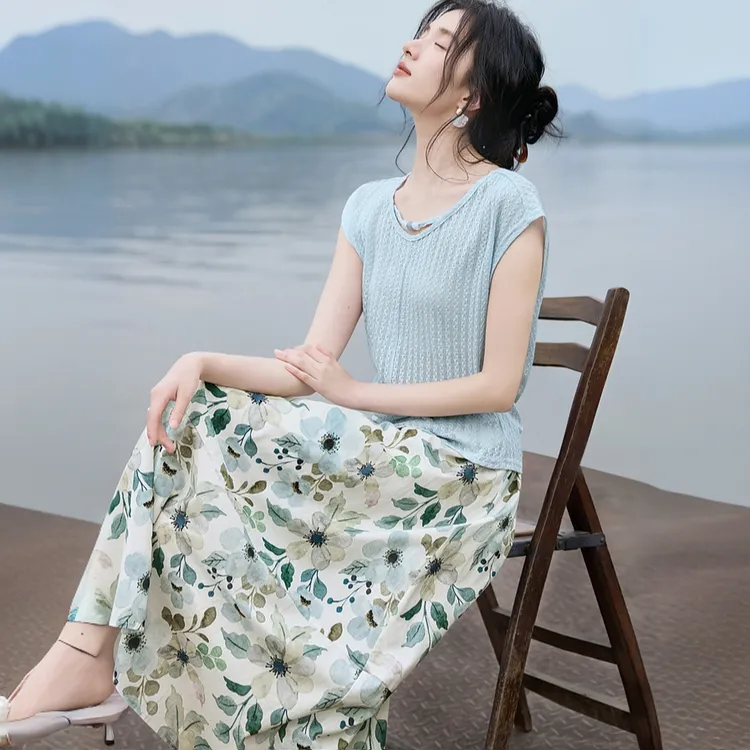 时尚气质两件套装女夏季2025新款洋气短袖上衣宽松显瘦碎花半身裙