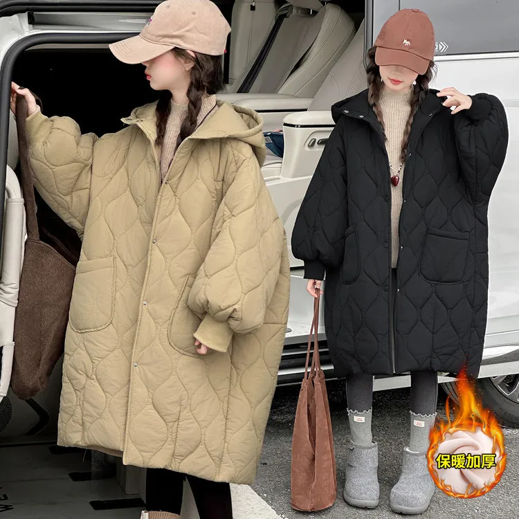 女童加绒棉衣秋冬季新款中大童过膝长款连帽加厚棉服女孩韩版冬装