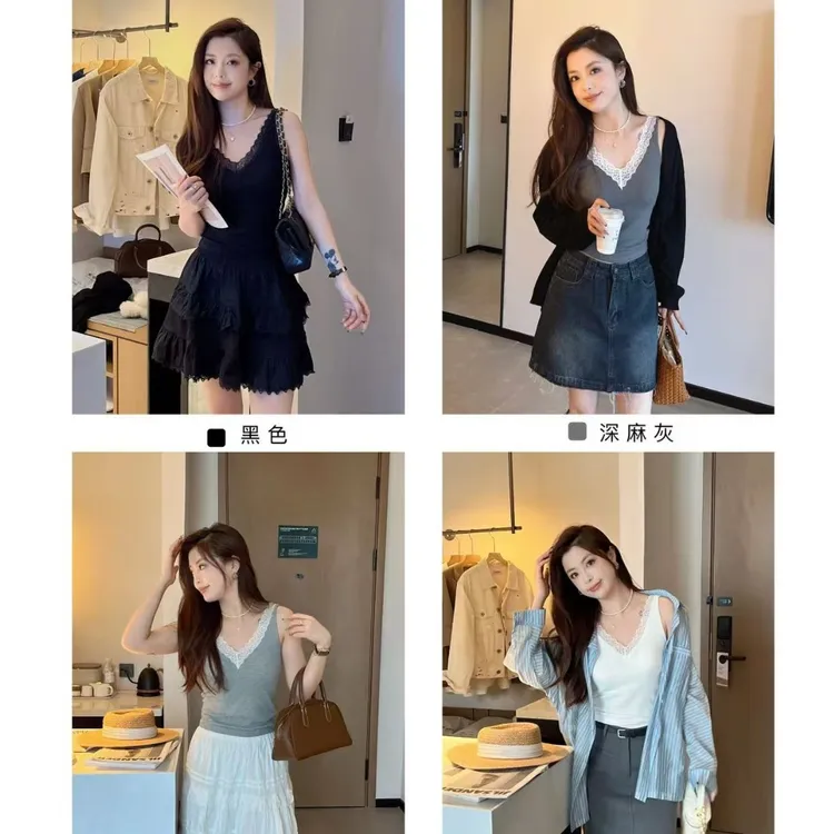 LuckyUU韩版早春V领蕾丝花边打底吊带一体杯宽肩带基础款背心内搭