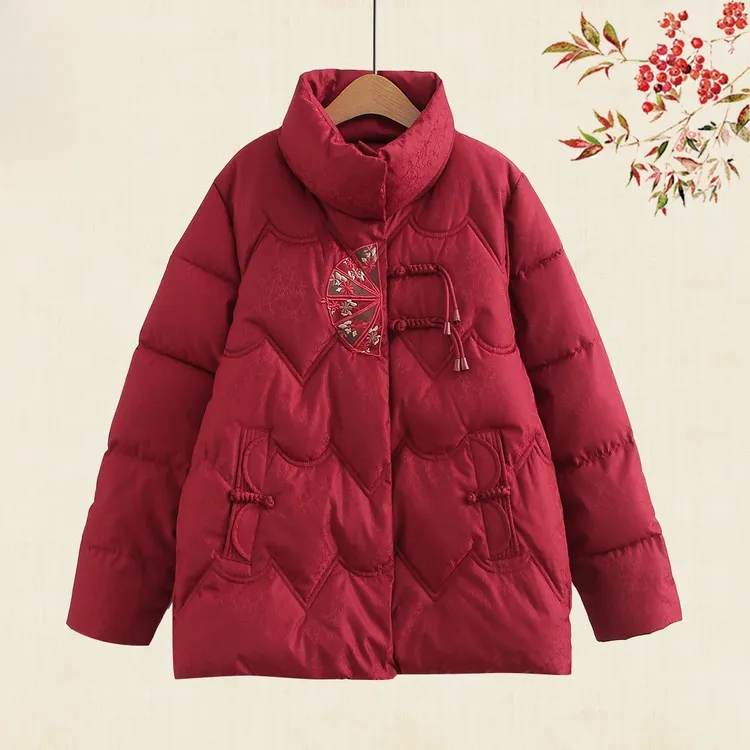 妈妈棉服显年轻洋气新中式盘扣刺绣加绒气质外套中老年女装冬棉袄