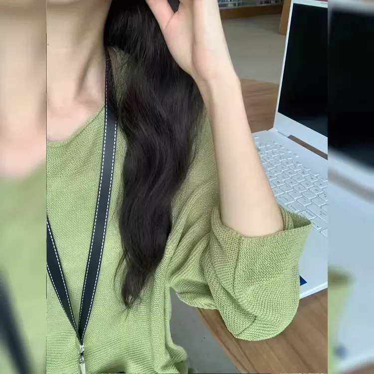 绿色冰丝防晒针织罩衫女夏季薄款宽松显瘦百搭镂空长袖t恤上衣薄