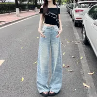 高定波点笑脸链条高腰直筒牛仔裤女秋季新款小个子宽松显瘦阔腿裤