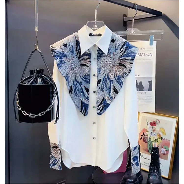 欧洲站2025春季新款高级感重工气质精致宽松拼接中长款两件套衬衫