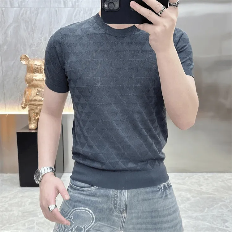 2025欧货轻奢男士针织冰丝短袖T恤夏季印花休闲百搭纯色半袖上衣