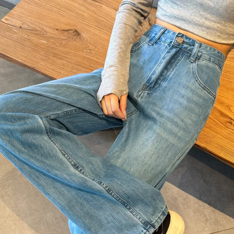 浅色窄版阔腿牛仔裤女夏季新款梨型身材高腰小个子显瘦直筒裤春秋
