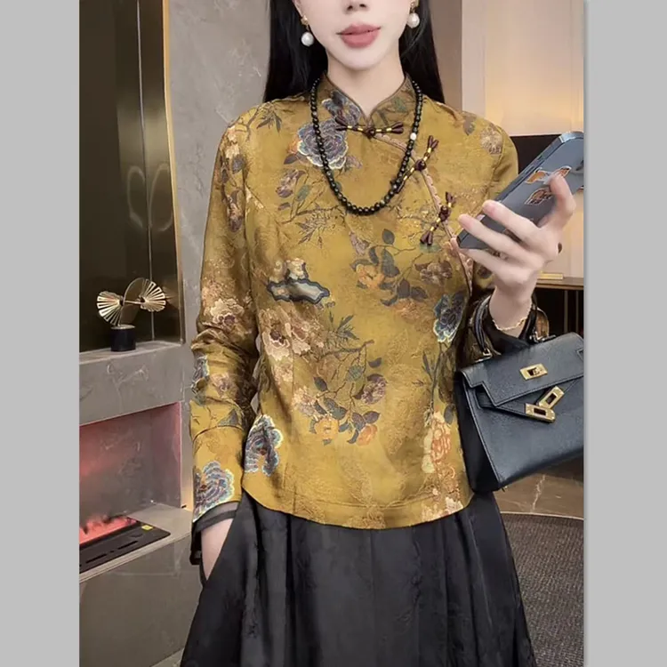 2025秋装新中式国风改良旗袍立领盘扣提花衬衫女洋气唐装小衫上衣