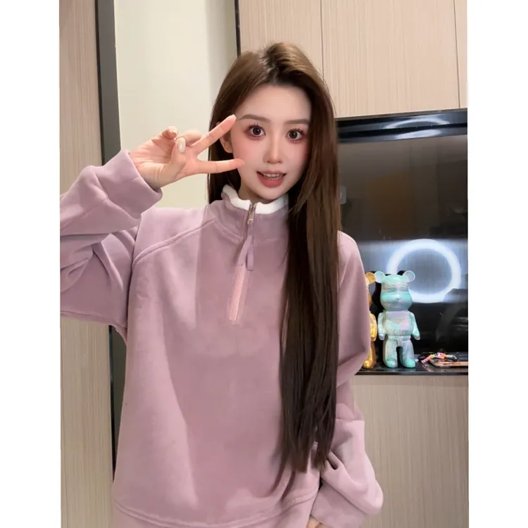 1598冬季百搭显瘦防风保暖加绒加厚半拉链小立领卫衣女宽松内搭