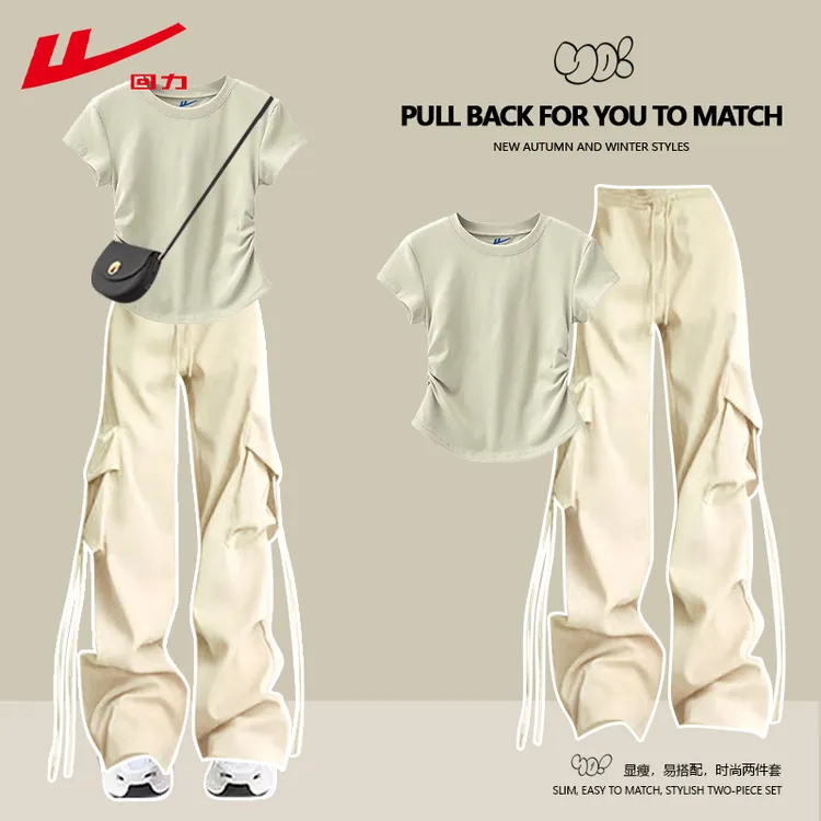 回力女纯棉运动夏季修身夏装工装裤短袖t恤衫多巴胺两件套装显瘦