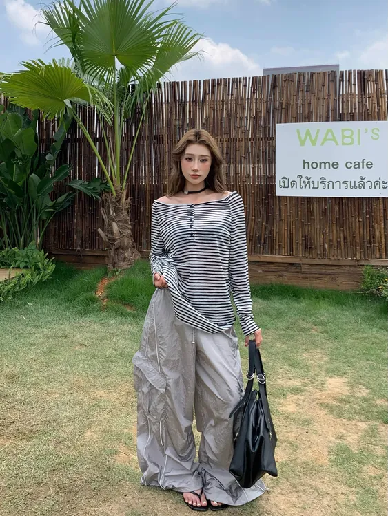 WRXS  韩系撞色条纹薄款长袖T恤夏季宽松休闲慵懒百搭露肩上衣