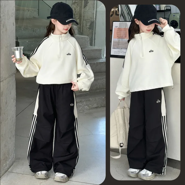 女童秋季时尚运动卫衣拉条阔腿裤套装6~12岁中大童休闲韩版潮款