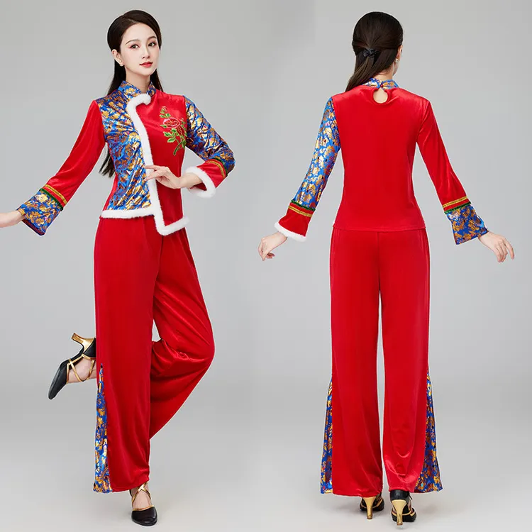 新款秧歌服女民族风扇子舞广场舞套装红色喜庆打鼓服舞台演出2361