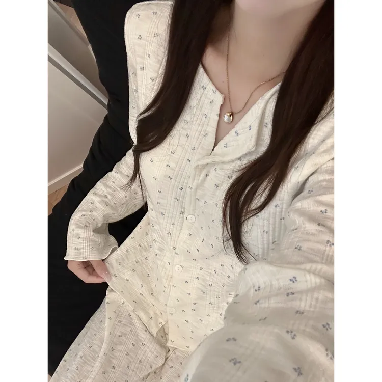 韩系甜美可爱简约休闲清新碎花睡衣女春秋新款宽松休闲家居服套装
