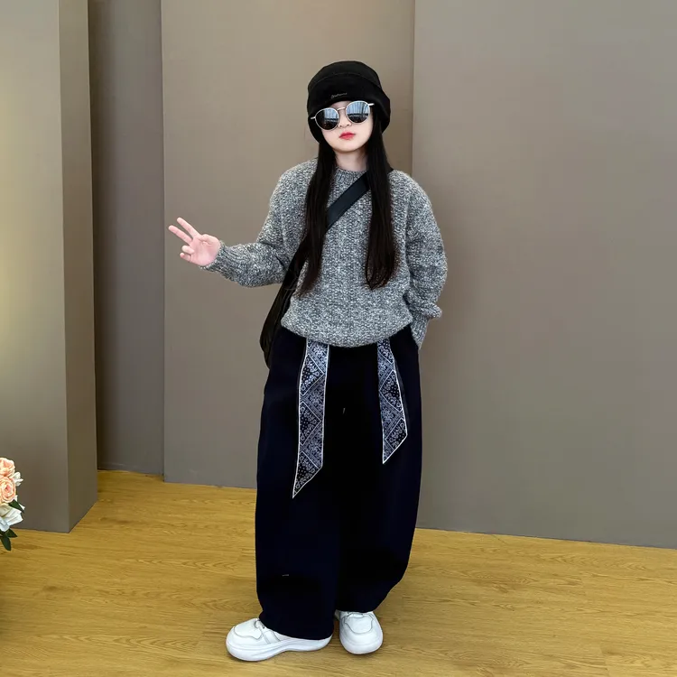 女童2025新款韩版洋气秋冬季时尚宽松毛衣阔腿加绒休闲裤套装潮酷