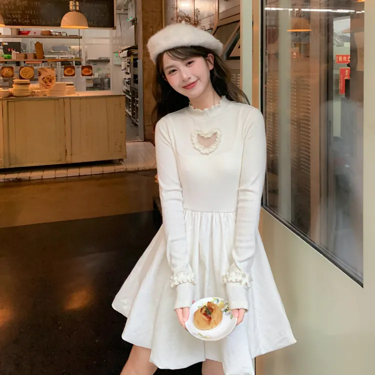 森女部落甜美花苞a字裙小白裙立领打底裙子连衣裙女