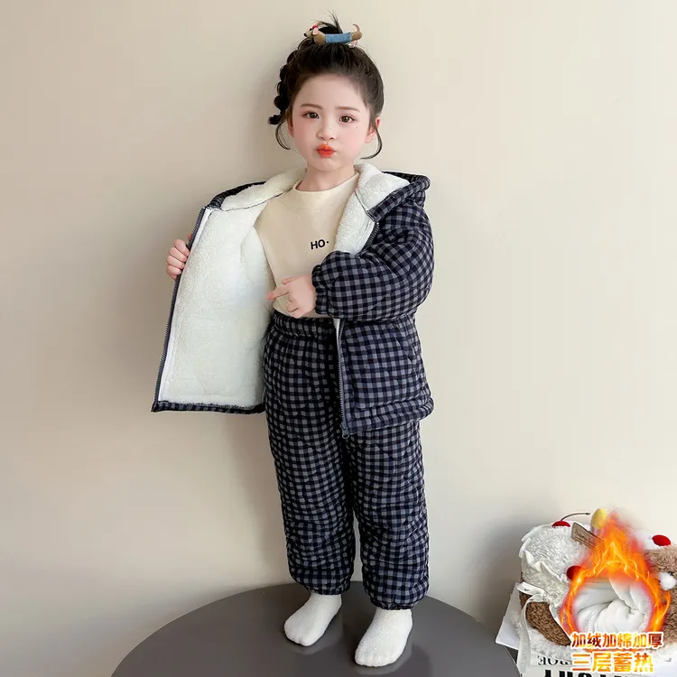 儿童冬季三层睡衣套装男女宝宝冬款加绒加厚保暖格子连帽家居服
