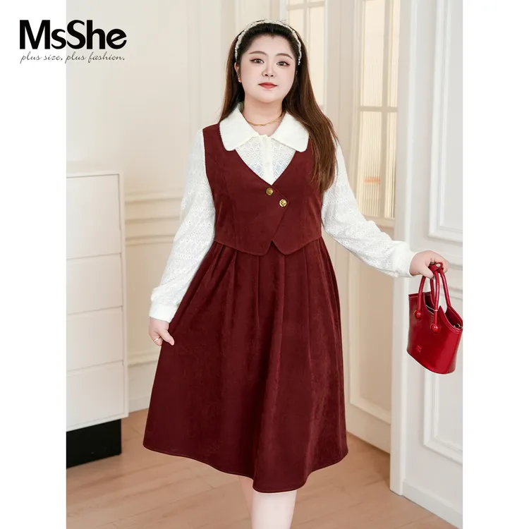 MsShe大码女装2025秋冬装复古假两件蕾丝显瘦连衣裙D~F2509008