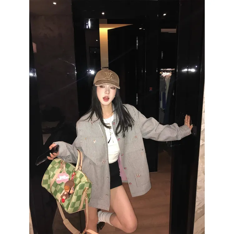 区区欧阳 9/8 20点l*v私服 超重磅手缝水钻条纹夹克外套