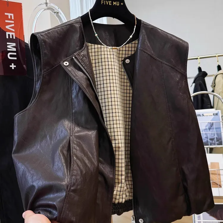 高级感复古老钱风圆领pu皮马甲背心外套女秋季无袖皮夹克坎肩上衣