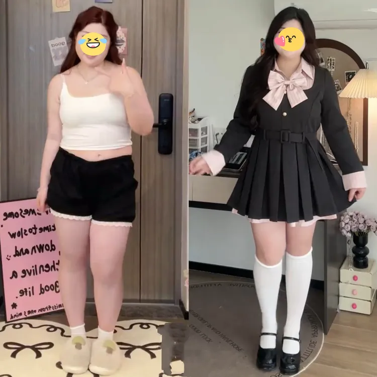 大码学院风长袖连衣裙女秋季时尚高级感百褶裙胖MM遮肚显瘦短裙子