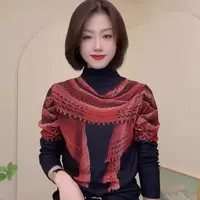 洋气新款百搭设计假围巾印花减龄打底衫洋气修身上衣-9916
