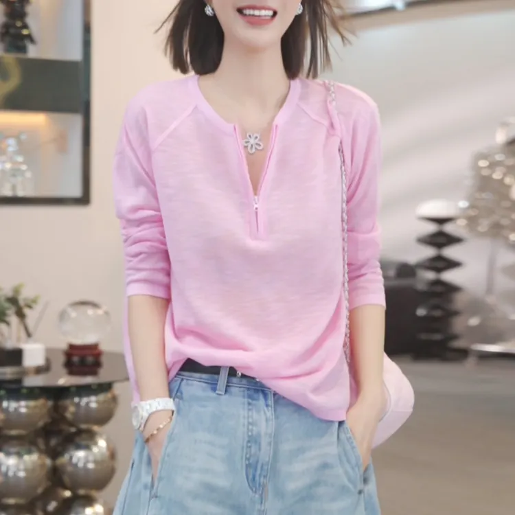 多巴胺半开领防晒罩衫长袖t恤女士2026夏季新款透气时尚显瘦上衣
