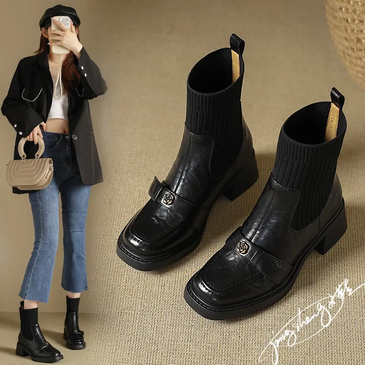 2025秋冬季针织筒粗跟短靴女真皮高跟瘦瘦靴子棕色马丁靴弹力袜靴