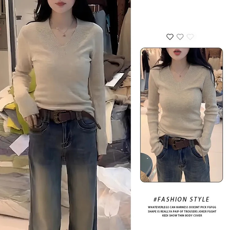 气质V领长袖打底衫女2025秋冬季新款修身显瘦内搭毛衣针织衫上衣