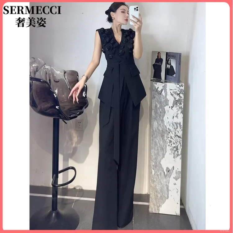 职业女气质玫瑰订花不规则2025年夏季新款无袖西装马甲阔腿裤套装