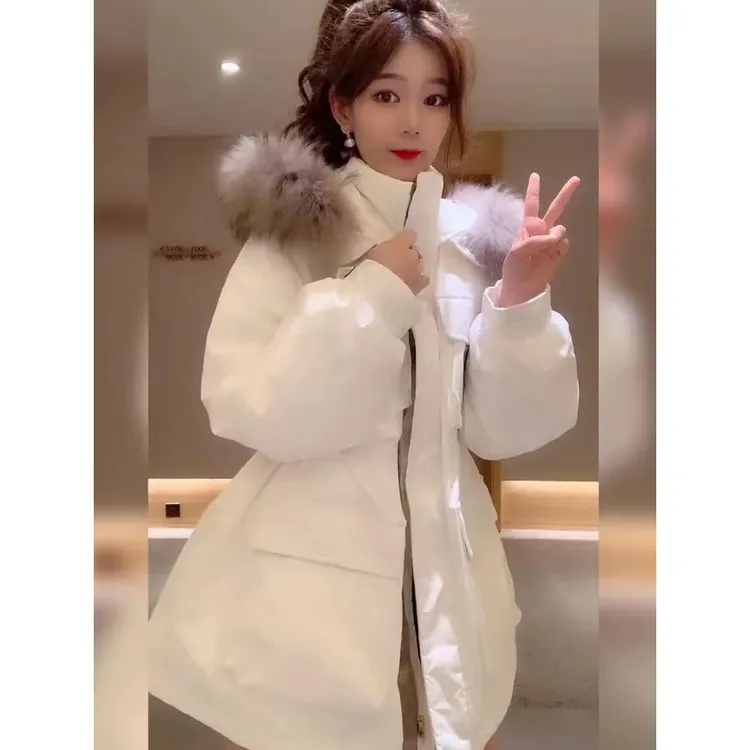 VOCKOO官方时尚韩版真毛领羽绒服女中长款2025新款收腰派克工装加