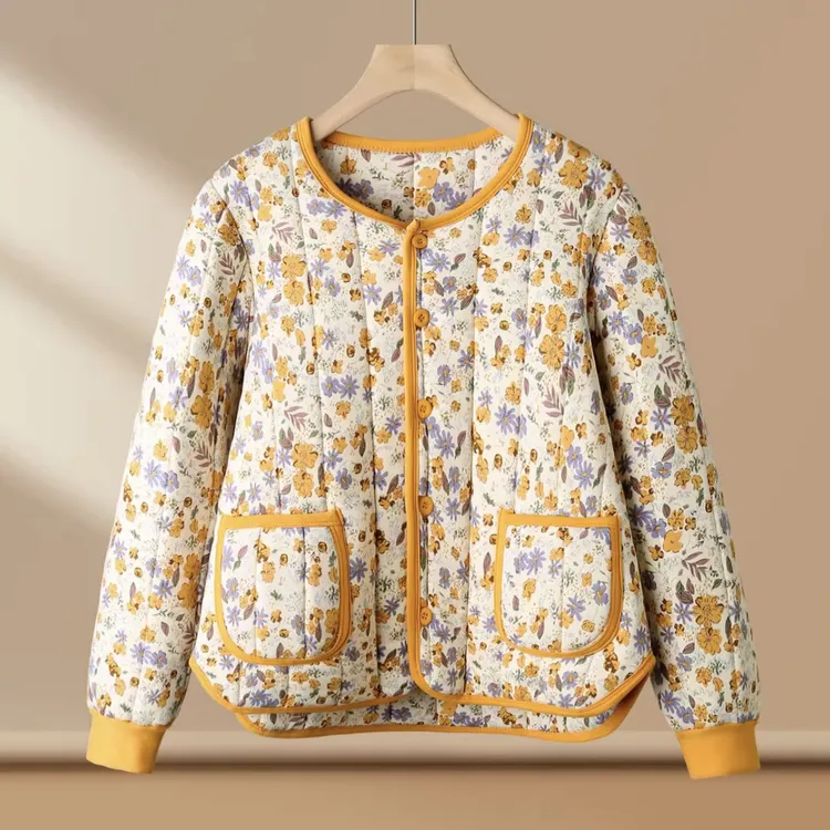 中老年妈妈冬季碎花圆领柔软保暖内搭小棉袄