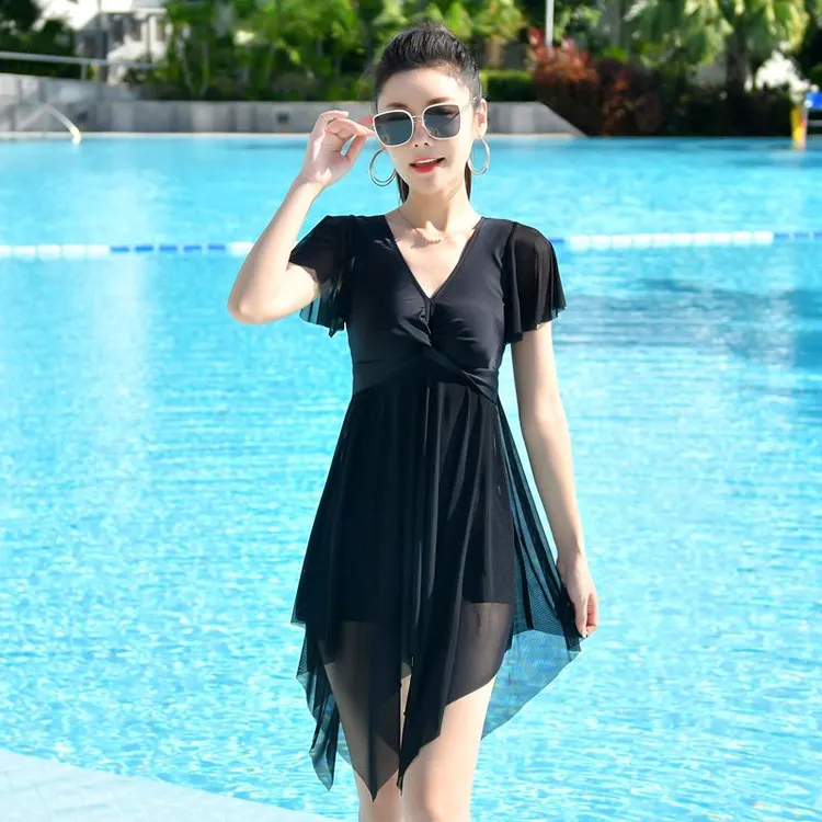 泳衣女士保守连体性感遮肚显瘦游泳衣大码胖妹度假遮肉温泉泳装