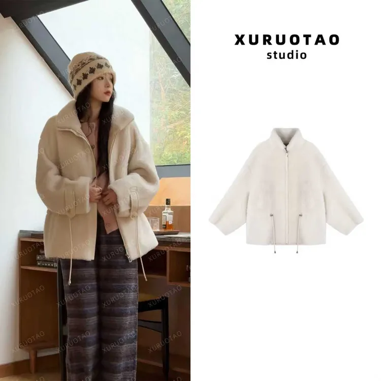 XURUOTAO【贝塔】100绵羊毛绒面设计秋冬厚实保暖白色外套 T5728
