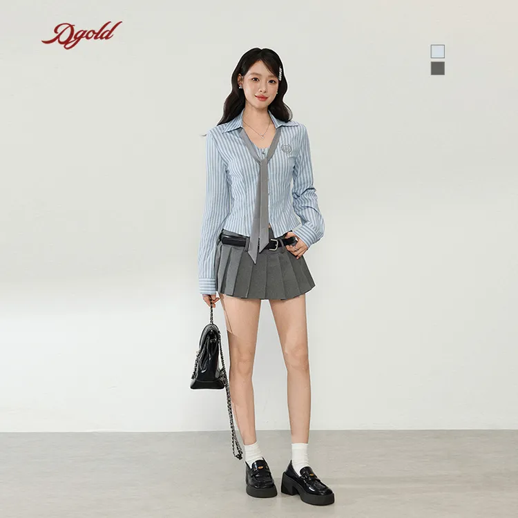 DGOLD白小鱼原创miu系甜辣长袖衬衫女上衣新款短款收腰条纹衬衣