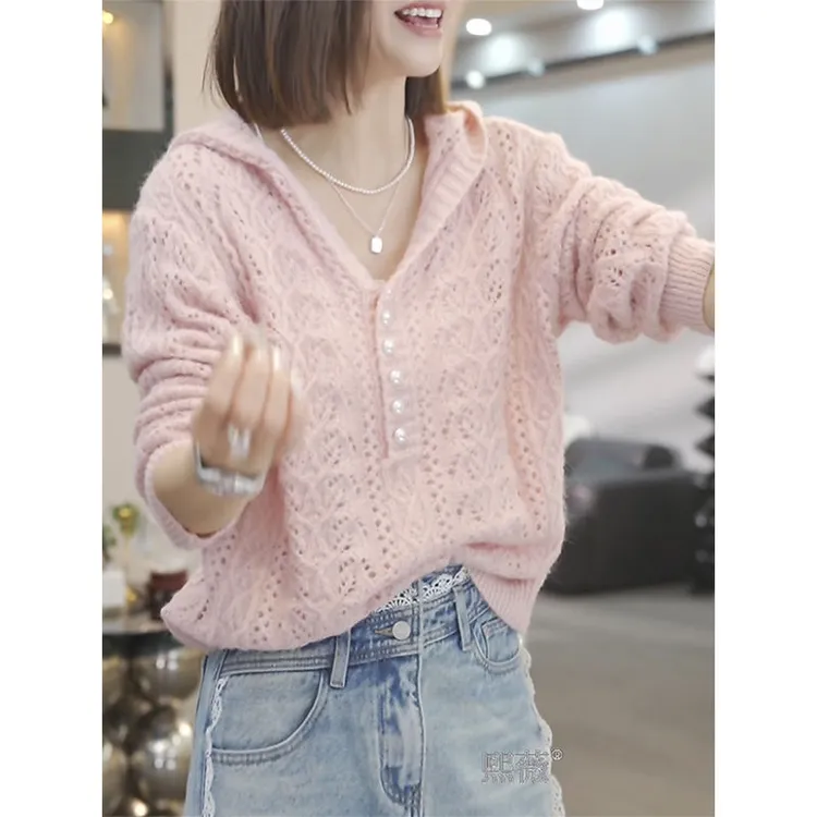 镂空钩花连帽针织衫女春季薄款毛衣女2025新款法式慵懒风长袖上衣