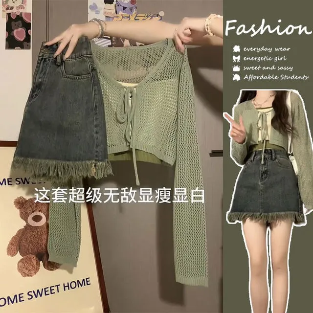 夏季温柔系穿搭一整套女2025新款韩版吊带开衫牛仔半身裙三件套装