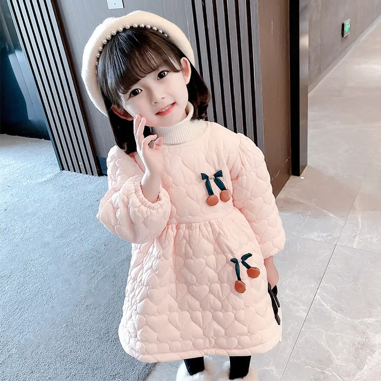女小童冬款樱桃棉服裙2025冬季中小童加绒加厚女宝宝时尚韩版棉衣