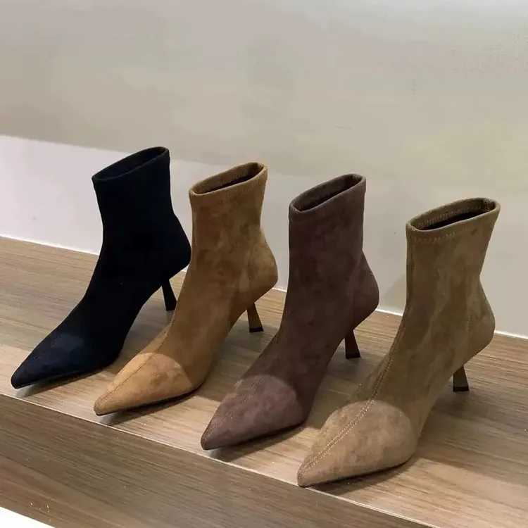 2025秋冬季新款低跟裸靴绒面尖头细跟高跟短靴套筒弹力瘦瘦靴女