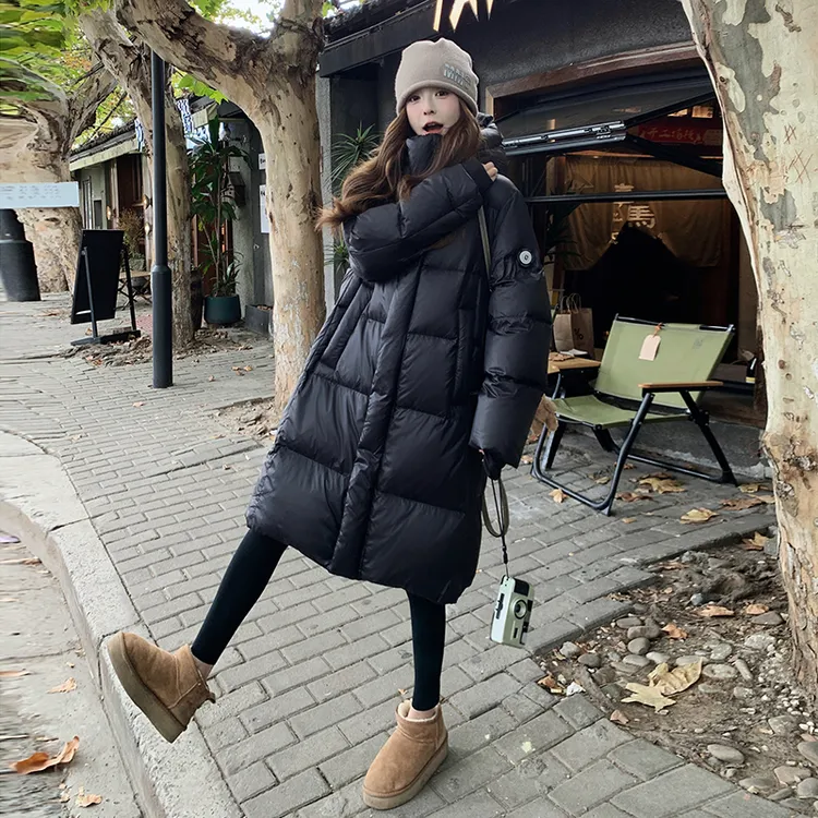 黑金中长款鹅绒服女2025冬季新款羽绒服韩系显瘦宽松加厚保暖外套