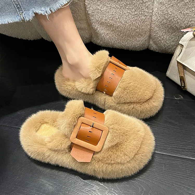 包头毛毛拖鞋女秋冬外穿2025新款网红爆款厚底松糕家用毛绒棉拖鞋