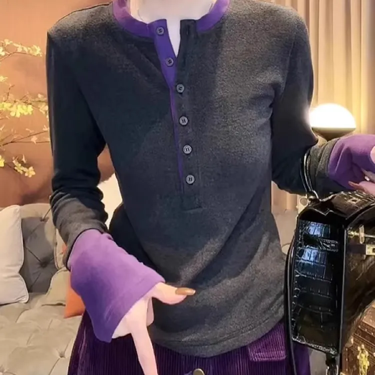 DIDORSSBO春季女款休闲时尚撞色半开衫小立领打底T恤上衣T5561