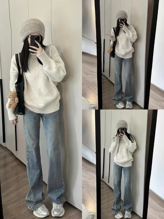 【风絮】时尚新款长款针织毛衣套头高腰复古设计感牛仔裤慵懒风套装