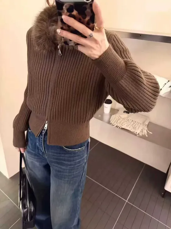 恩妮家2025冬季小个子毛领拉链保暖毛衣设计感纯色开衫毛衫外套