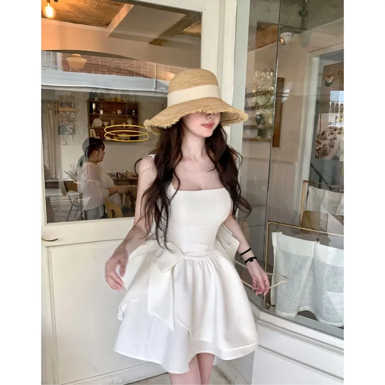 法式纯欲风蝴蝶结连吊带连衣裙女夏季设计感无袖背心裙a字短裙子