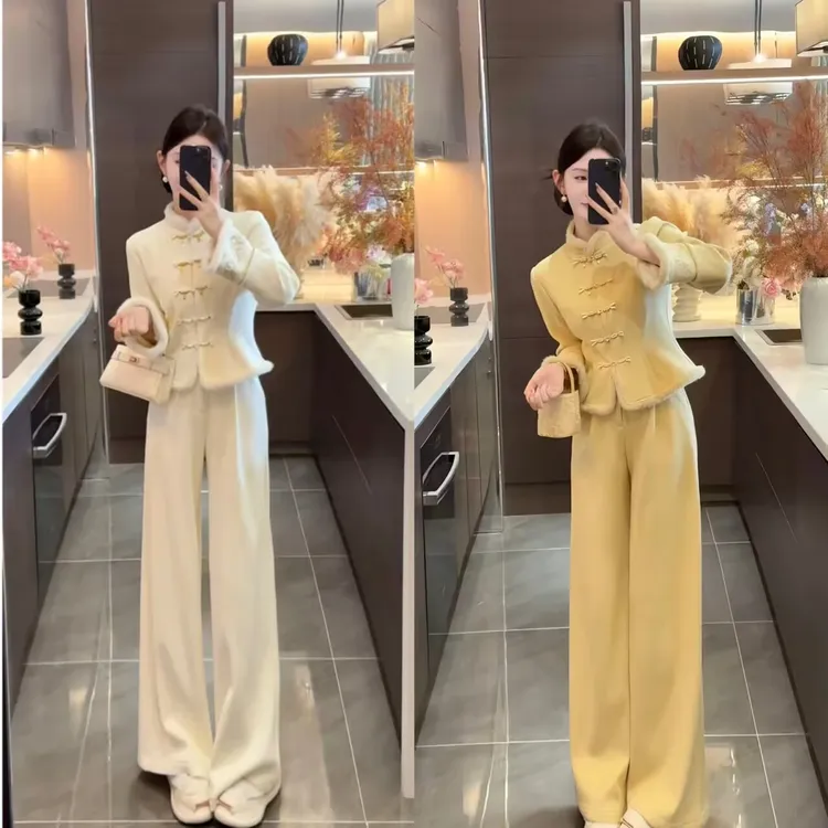 【玉骨】2025秋冬新中式新款加绒加厚收腰刺绣盘扣两件套JJQ5TZ6237